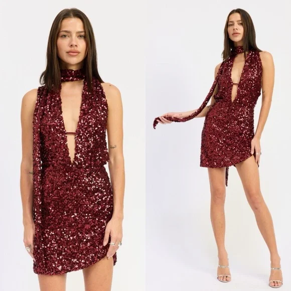 Cherry Bomb Halter Scarf Sequin Mini Dress - Picture 1 of 7